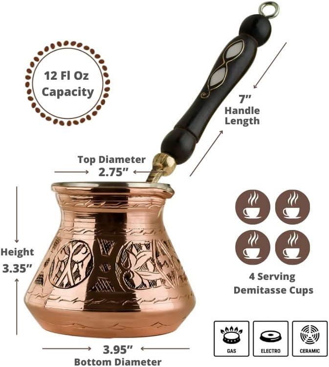 12 Oz Black Copper Turkish Coffee Pot with Wooden Handle and Spoon