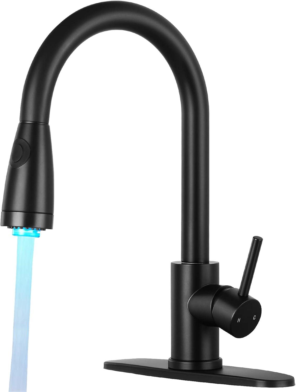 Matte Black Stainless Steel High-Arc Kitchen Faucet with LED Pull-Out Spray