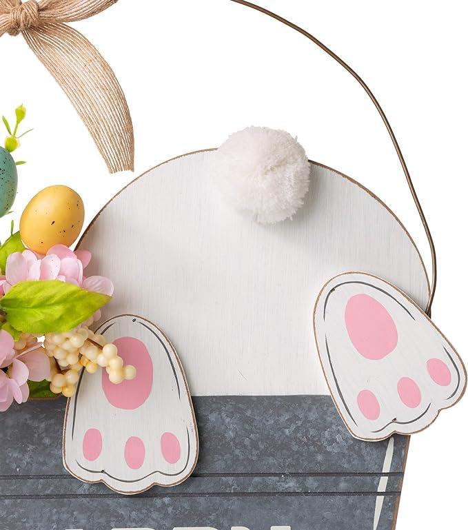 Glitzhome 18 Inch Wooden Easter Bunny Hanging Decoration,"Happy Easter" Rabbit Welcome Sign wood Bunny Eggs Easter Decorations for Door Home Garden Spring Party