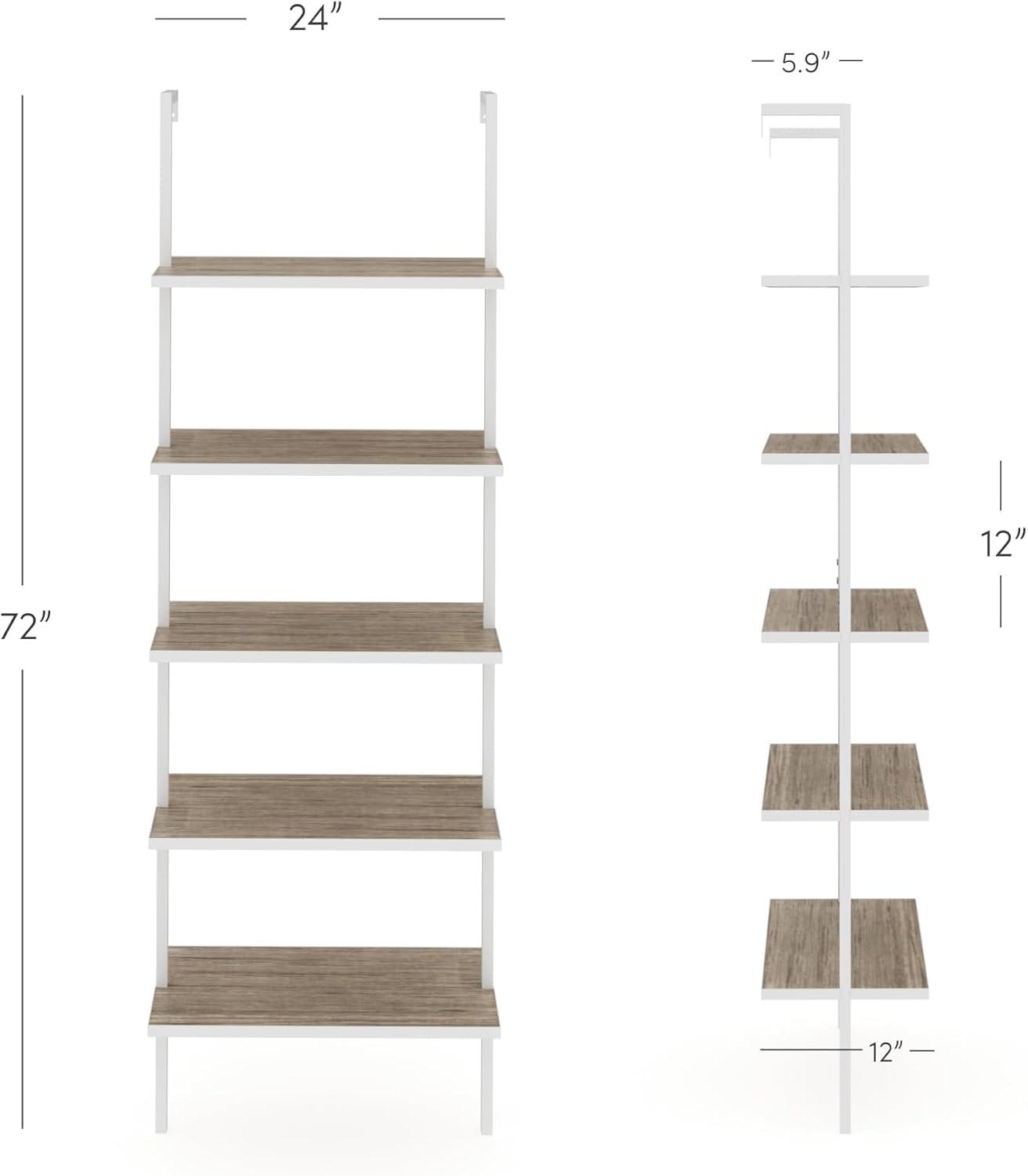 Gray Oak and White 5-Shelf Ladder Bookcase with Metal Frame