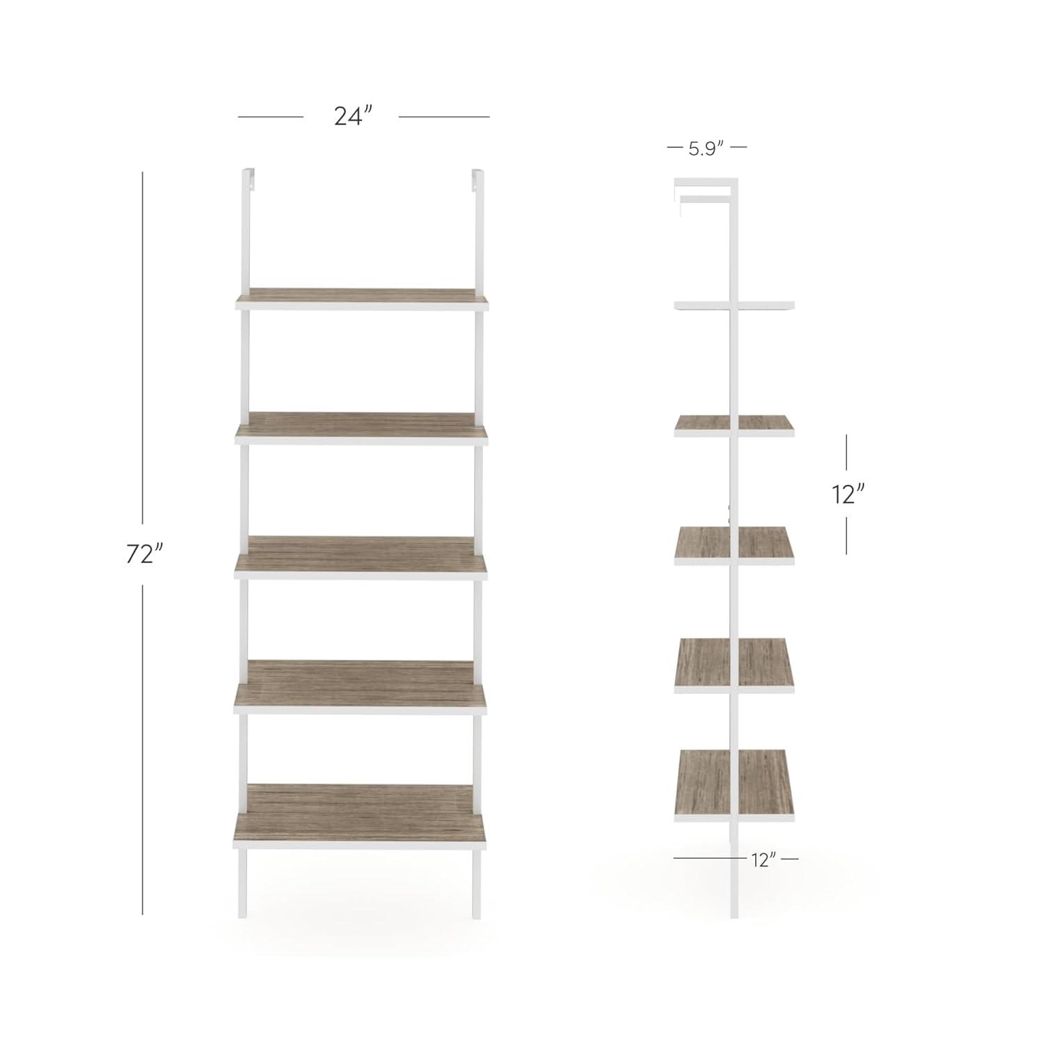 73" Theo 5 Tier Wood Wall Mount Ladder Bookshelf Gray/Oak/White - Nathan James: Metal Frame, Modern Design