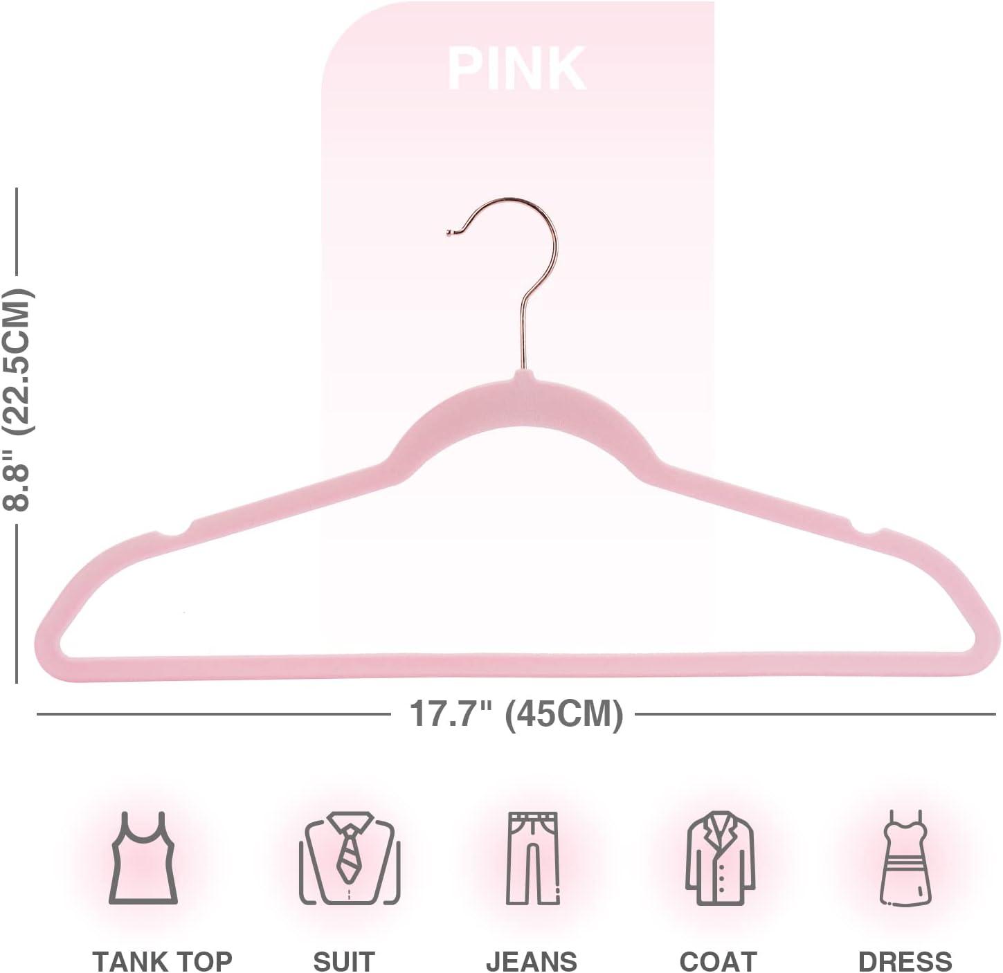 Flocked Velvet Clothes Hangers with Stainless Steel Swivel Hooks, Pink - 50 Piece