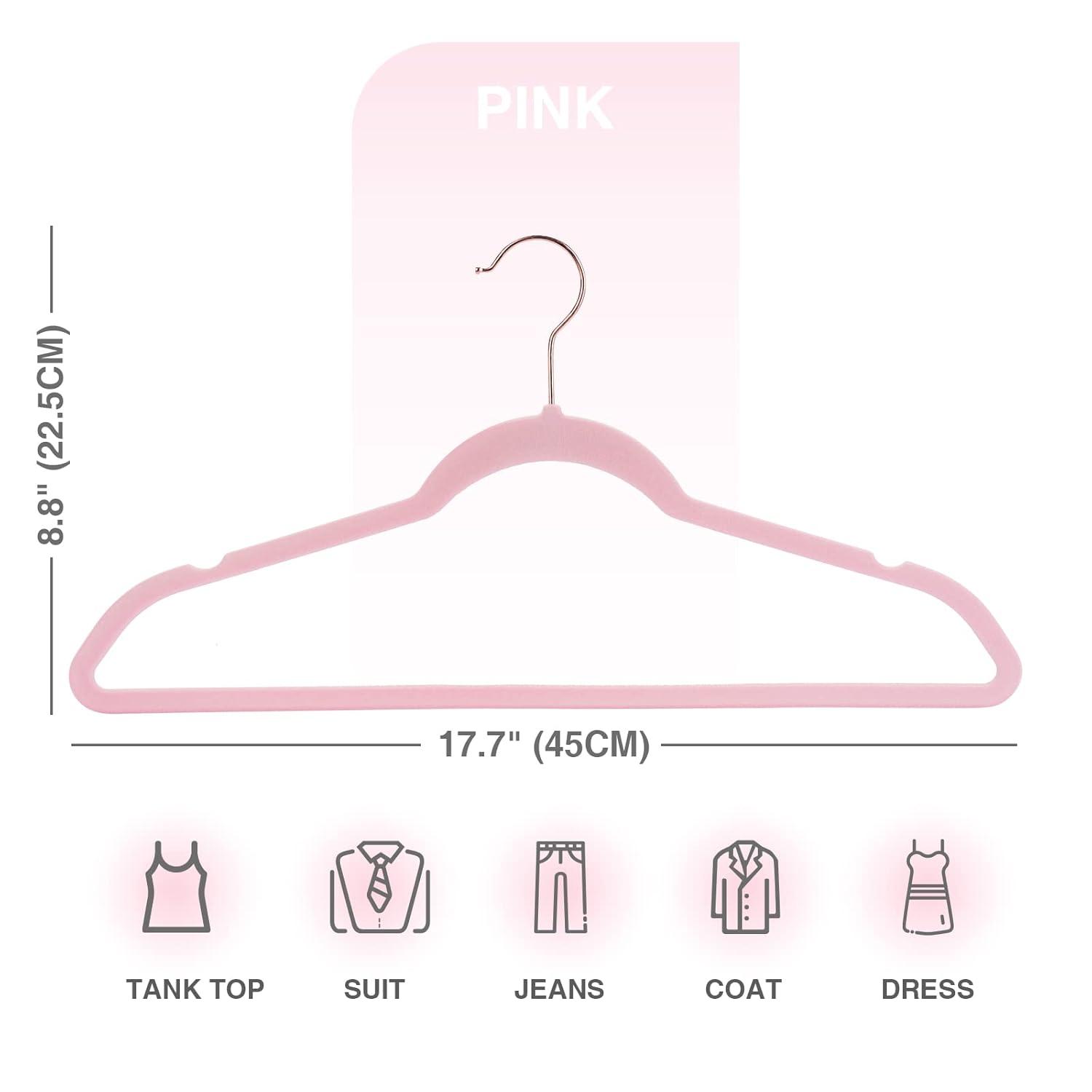 Flocked Velvet Clothes Hangers with Stainless Steel Swivel Hooks, Pink - 50 Piece