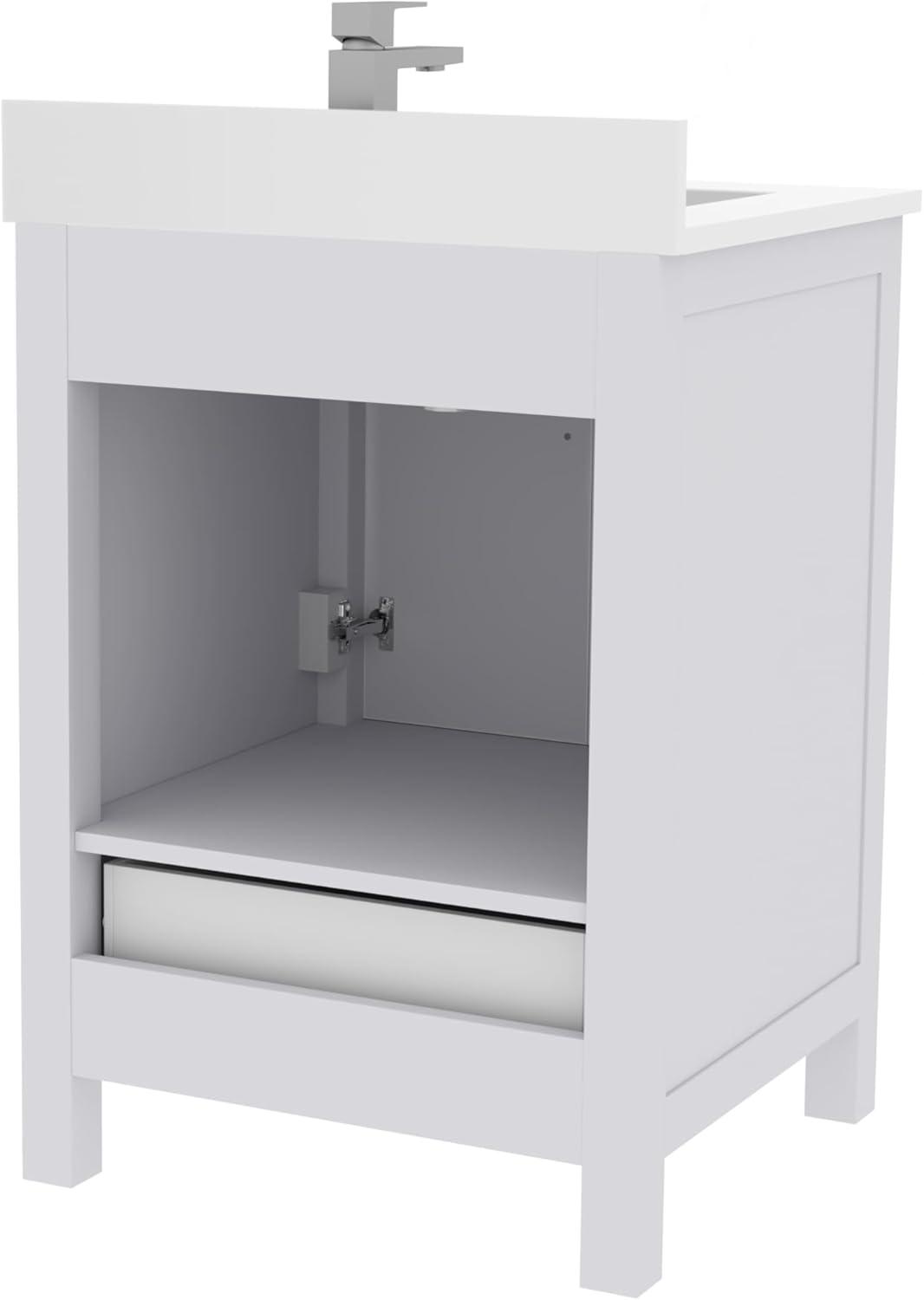 Ayna Decors Rooh 24 in White Bathroom Vanity Set with White Quartz Countertop | Ceramic Sink | 2 Soft Closing Doors | 1 Full Extention Soft Close Drawer | Brushed Nickel Hardware | AVR24WH3002