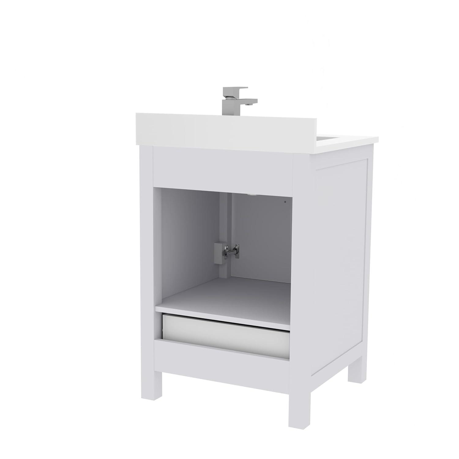 Ayna Decors Rooh 24 in White Bathroom Vanity Set with White Quartz Countertop | Ceramic Sink | 2 Soft Closing Doors | 1 Full Extention Soft Close Drawer | Brushed Nickel Hardware | AVR24WH3002
