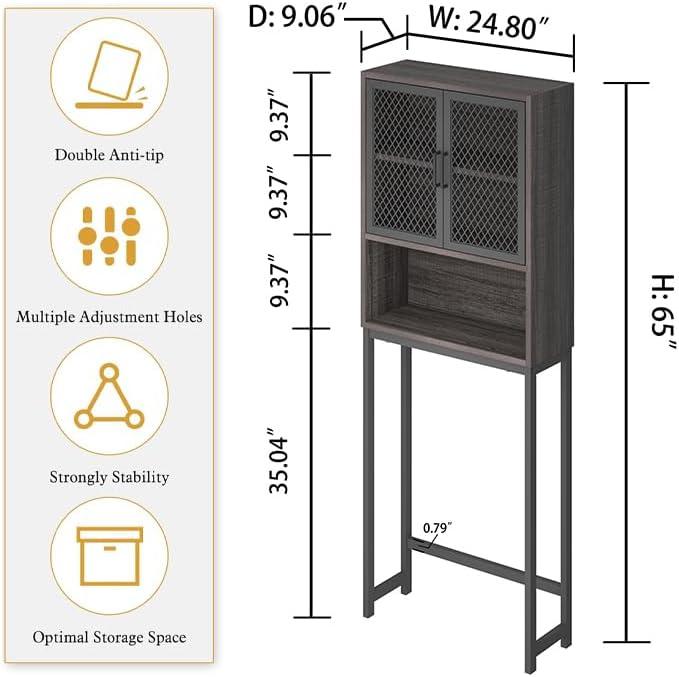 Dark Gray Oak Over-the-Toilet Storage Cabinet with Mesh Doors