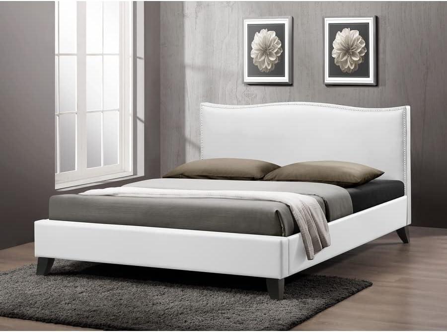 Baxton Studio Queen Battersby Modern Bed with Upholstered Headboard White : Platform Design, No Box Spring Needed, Wood Composite Frame