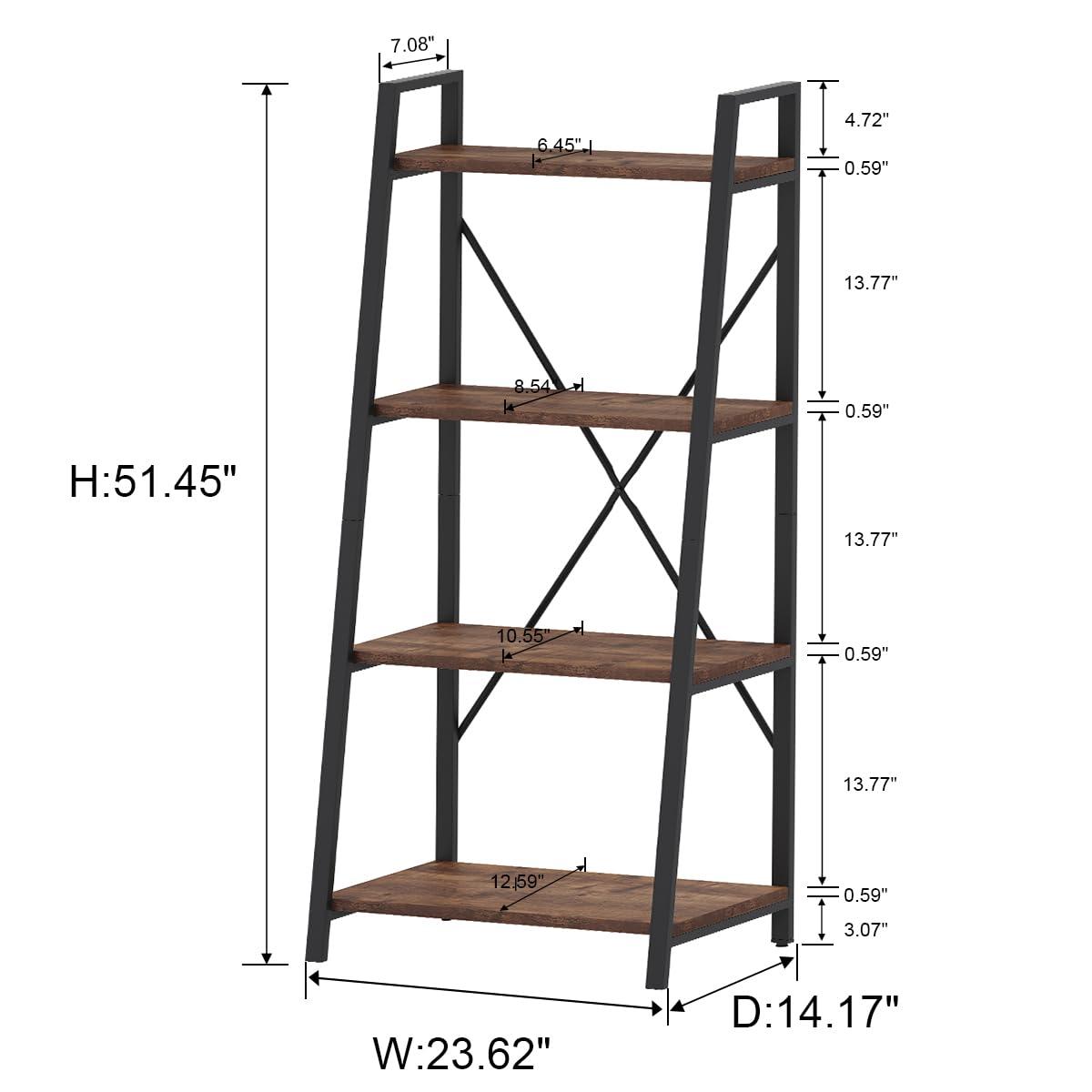 BON AUGURE Industrial Ladder Shelf Bookcase, 4 Tier Rustic Ladder Bookshelf, Standing Leaning Book Shelves for Living Room (Rustic Oak)