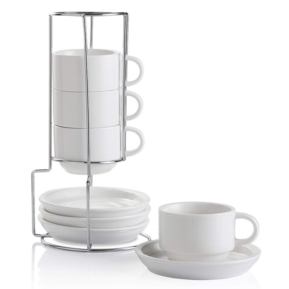 Yedio Porcelain 4 oz Espresso Coffee Cups with Saucers and Metal Stand, Porcelain White Stackable Cappuccino Cups Set of 4