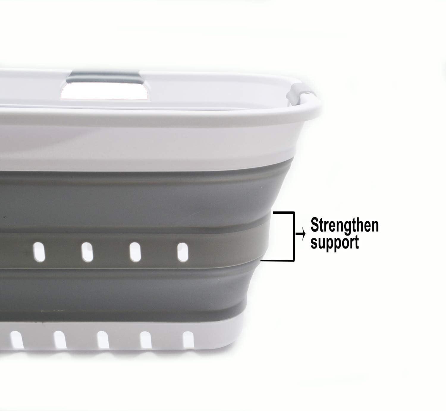 SAMMART 42L (11 gallon) Collapsible Plastic Laundry Basket, White/Grey