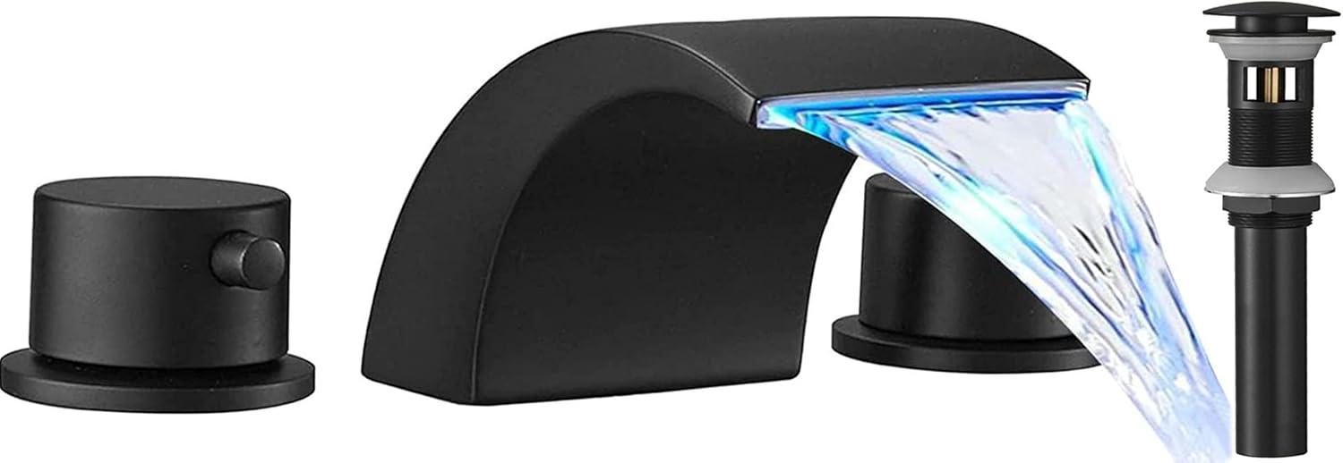BWE 8 in. Widespread Waterfall Double Handle Three Holes Bathroom Faucet With Led Light in Black