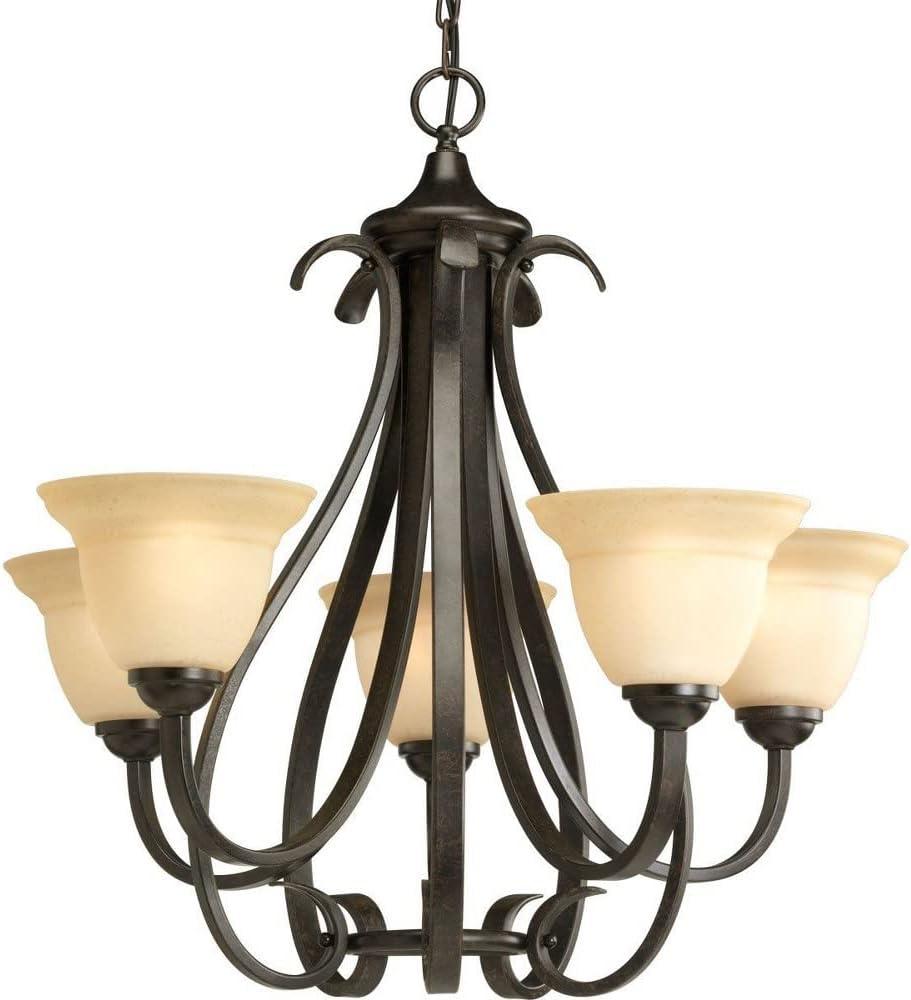 Progress Lighting Torino 5-Light Chandelier, Steel, Forged Bronze, Etched White Glass