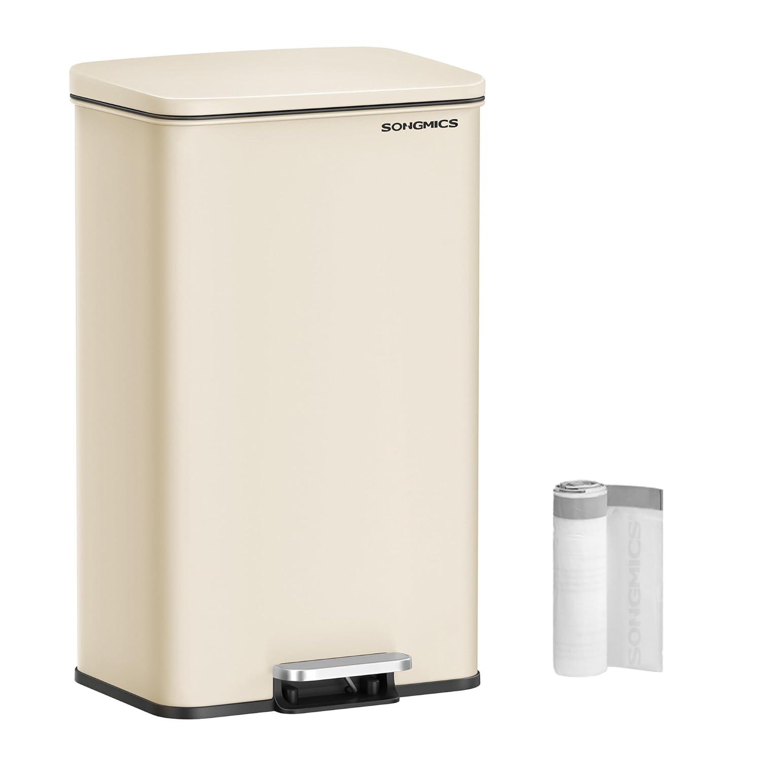 SONGMICS Kitchen Trash Can, 10.5 Gallon (40 L) Garbage Can, Large Step Trash Bin with Lid, Stainless Steel, Soft Close, 15 Trash Bags Included, Sand Beige ULTB540A01