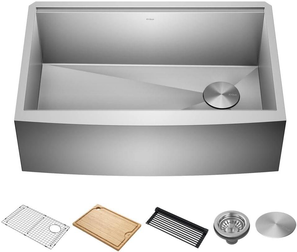 KRAUS Kore™ Workstation 30-inch L 16 Gauge Stainless Steel Single Bowl Farmhouse Kitchen Sink with Accessories