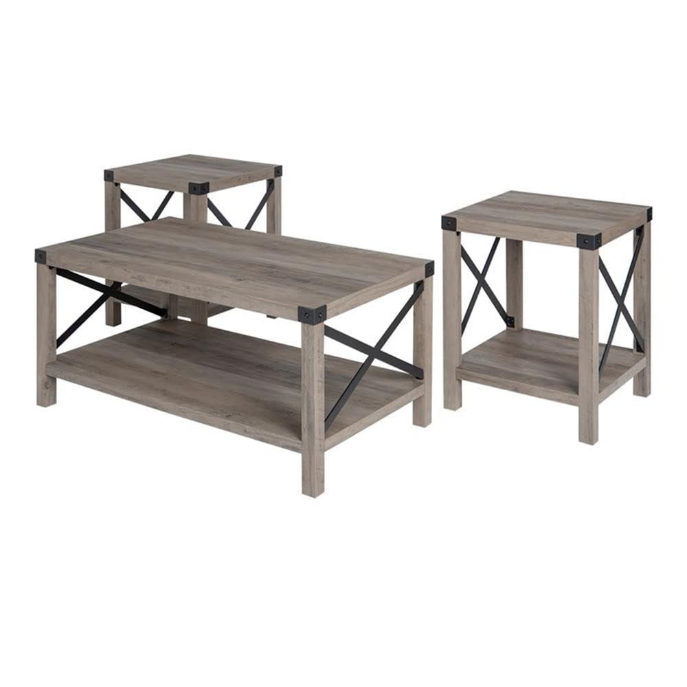 Home Square 4 Piece Set with TV Stand, Coffee Table and 2 End Tables in Oak