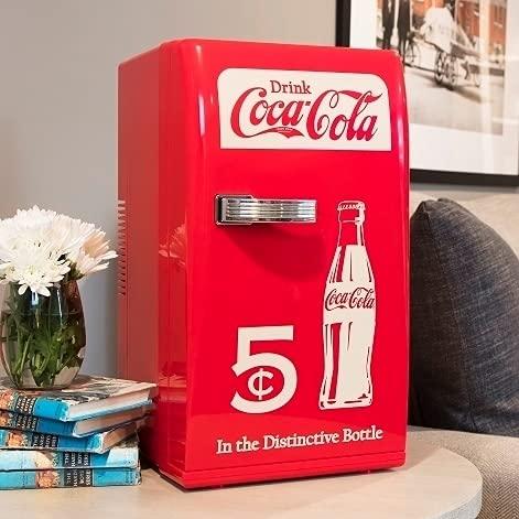 Coca-Cola Retro 18 Can Mini Fridge w/ 12V DC and 110V AC Cords, 22L (23 qt), Portable Cooler, Red, Travel Fridge for Drinks