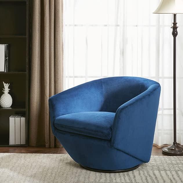 Blue Velvet Swivel Barrel Accent Chair with Wood Frame