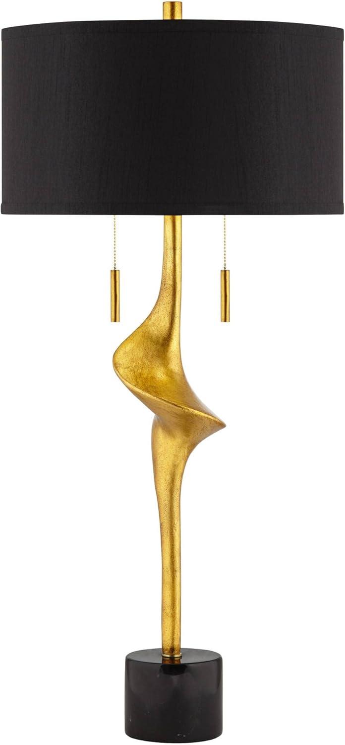 Possini Euro Design Athena Modern Buffet Table Lamp 35 1/2" Tall Sculptural Gold Leaf Black Drum Shade Bedroom Living Room Bedside Nightstand Office