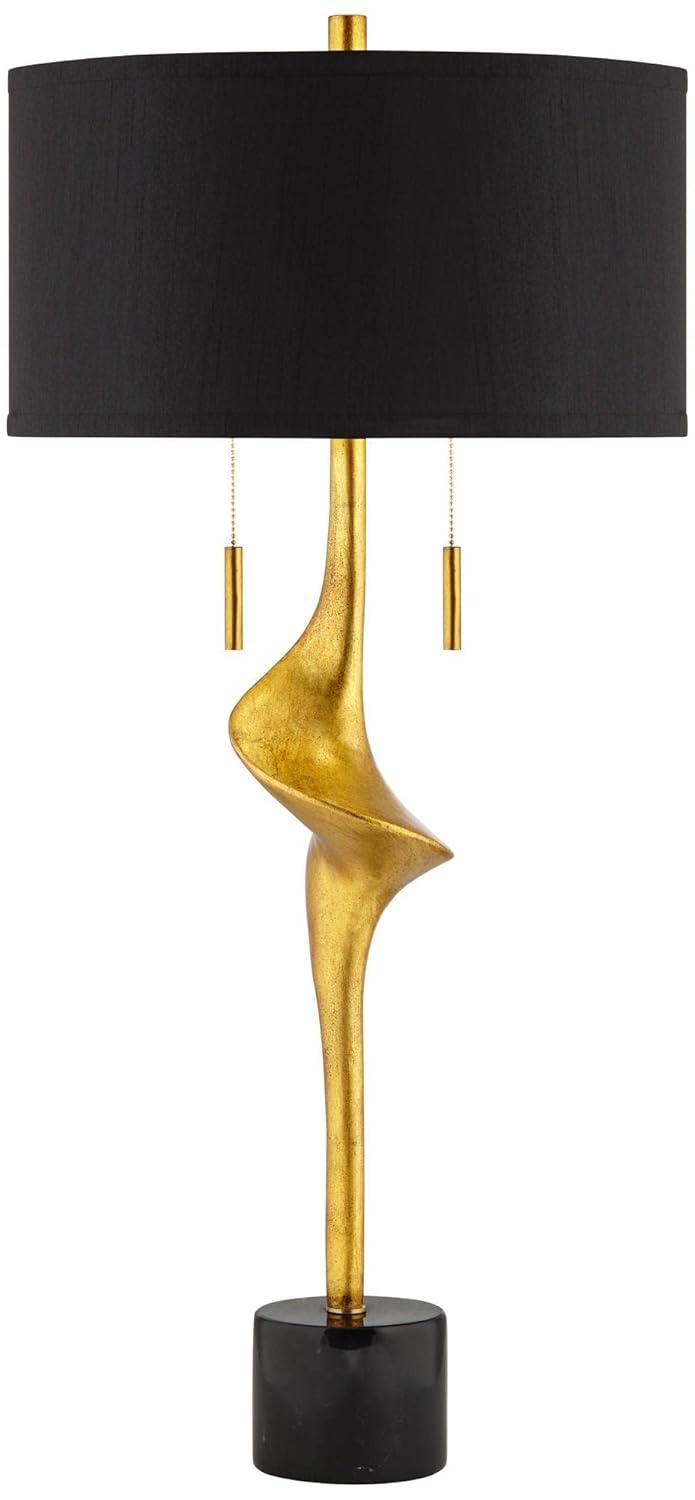 Possini Euro Design Athena Modern Buffet Table Lamp 35 1/2" Tall Sculptural Gold Leaf Black Drum Shade Bedroom Living Room Bedside Nightstand Office