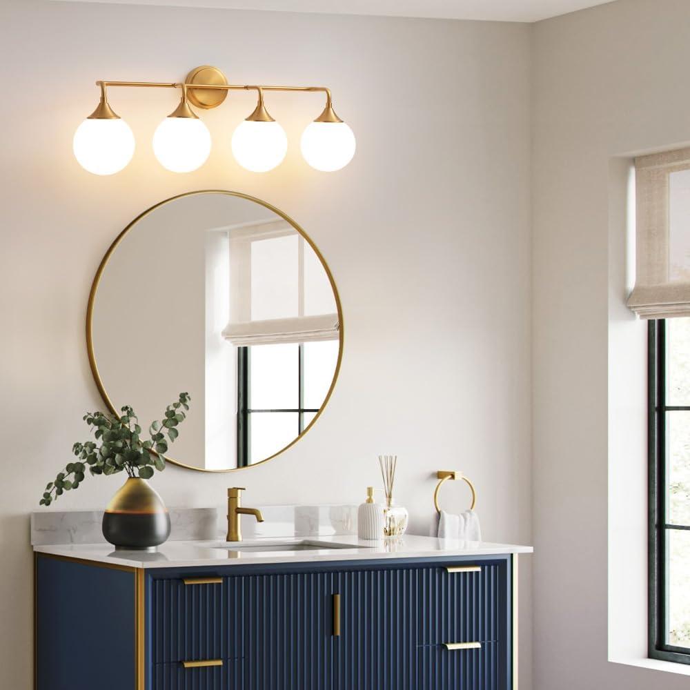 Brushed Gold 4-Light Vanity Fixture with White Glass Shades