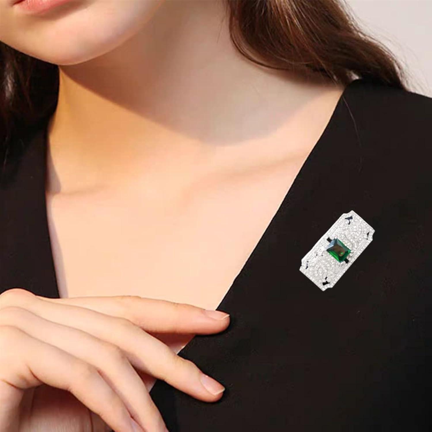 Bohemian Green CZ Rectangle Brooch Pin for Women Silver Plated Dainty Emerald Birthstone Vintage Filigree Geometric Brooches Lapel Pins Dress Accessories Wedding Mother's Birthday Jewelry Gift