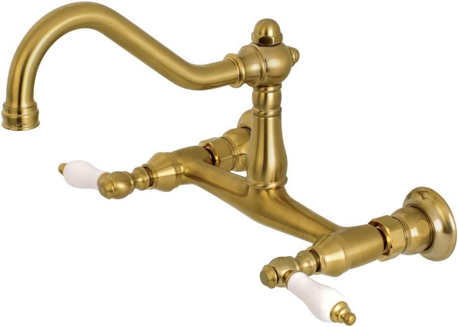 Vintage Brushed Brass Wall Mount Bathroom Faucet with Lever Handles