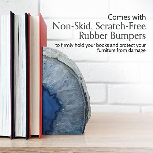 Nature's Decorations Agate Bookends - A Quality Blue Geode with Non-Skid Rubber Bumpers for Shelves, Office, Home Decor - Heavy Duty Cool Crystal Stone Book End Pair for Decoration (3-4 LB)