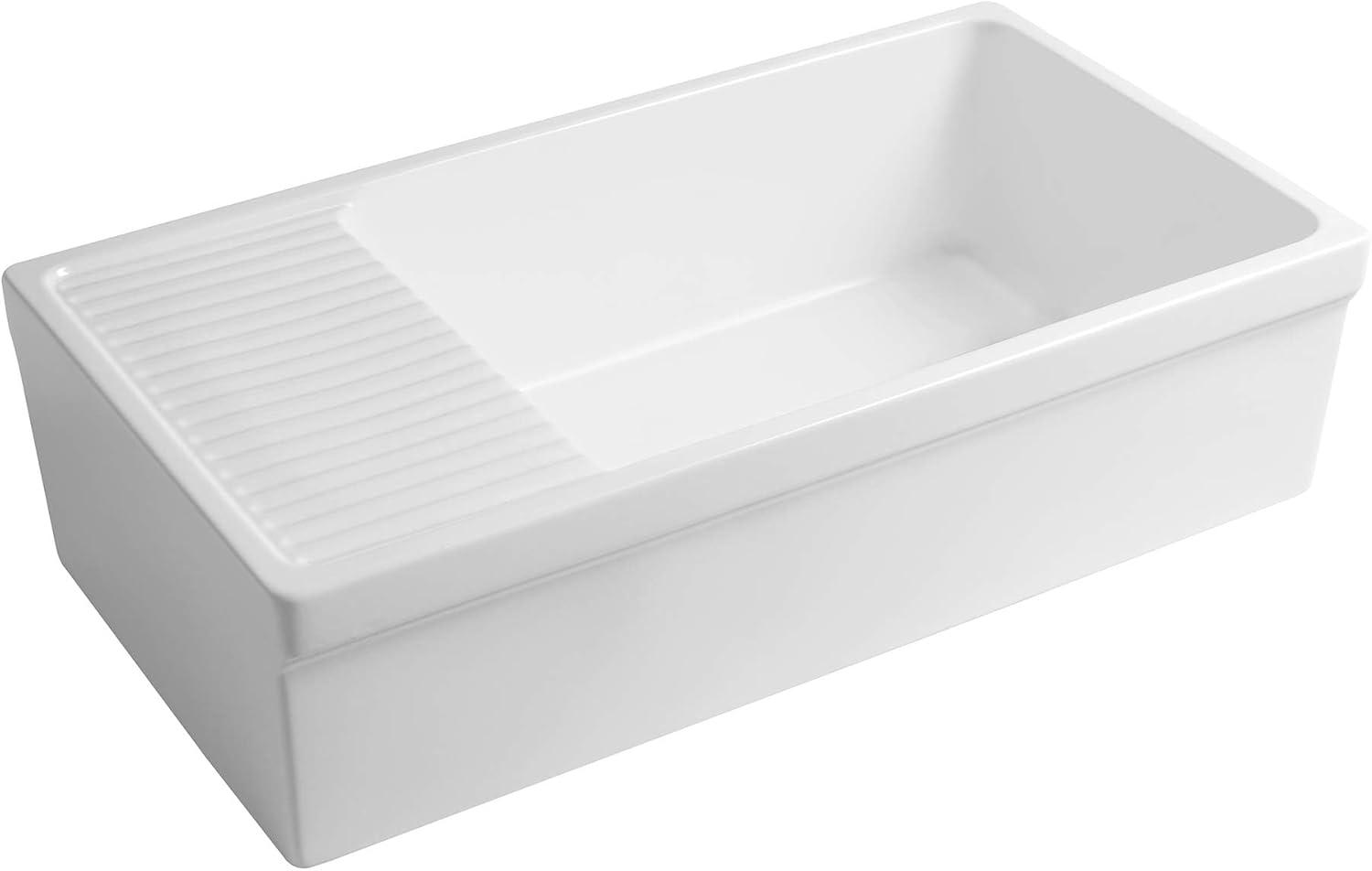 Whitehaus Collection WHQD540-M-WHITE Whitehaus Collection 36” Single Bowl Fireclay Kitchen Sink: Integral Drainboard, Lip Front Apron