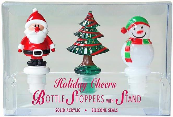 Prodyne Set of 3 Christmas Holiday Acrylic Bottle Stoppers with Stand, Santa Claus, Christmas Tree, Snowman