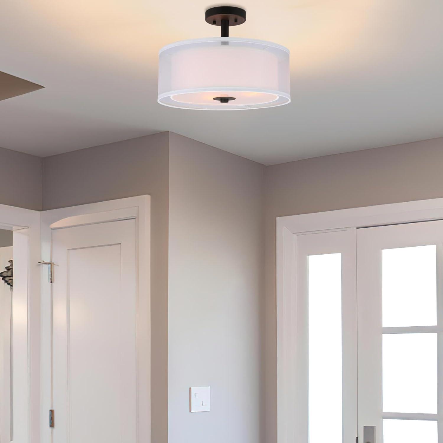 XiNBEi Lighting Semi Flush Mount Ceiling Light, 3 Light Drum Semi Flush Light, 16" Close to Ceiling Light with Fabric Shade in Dark Bronze for Living Room & Bedroom XB-SF1194-DB