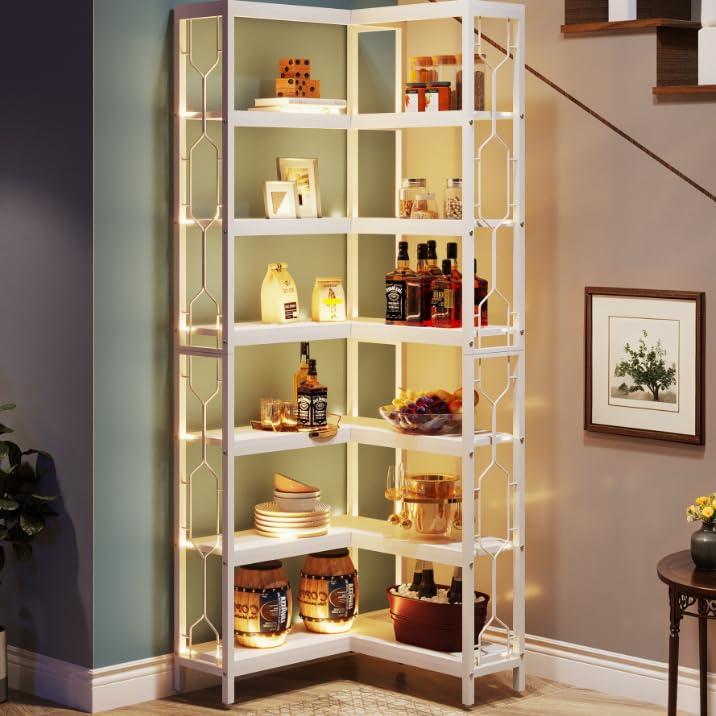 Tribesigns 7-Tier L-Shaped Bookshelf, Wood Corner Etagere Bookcase, Freestanding Display Shelving Unit, White