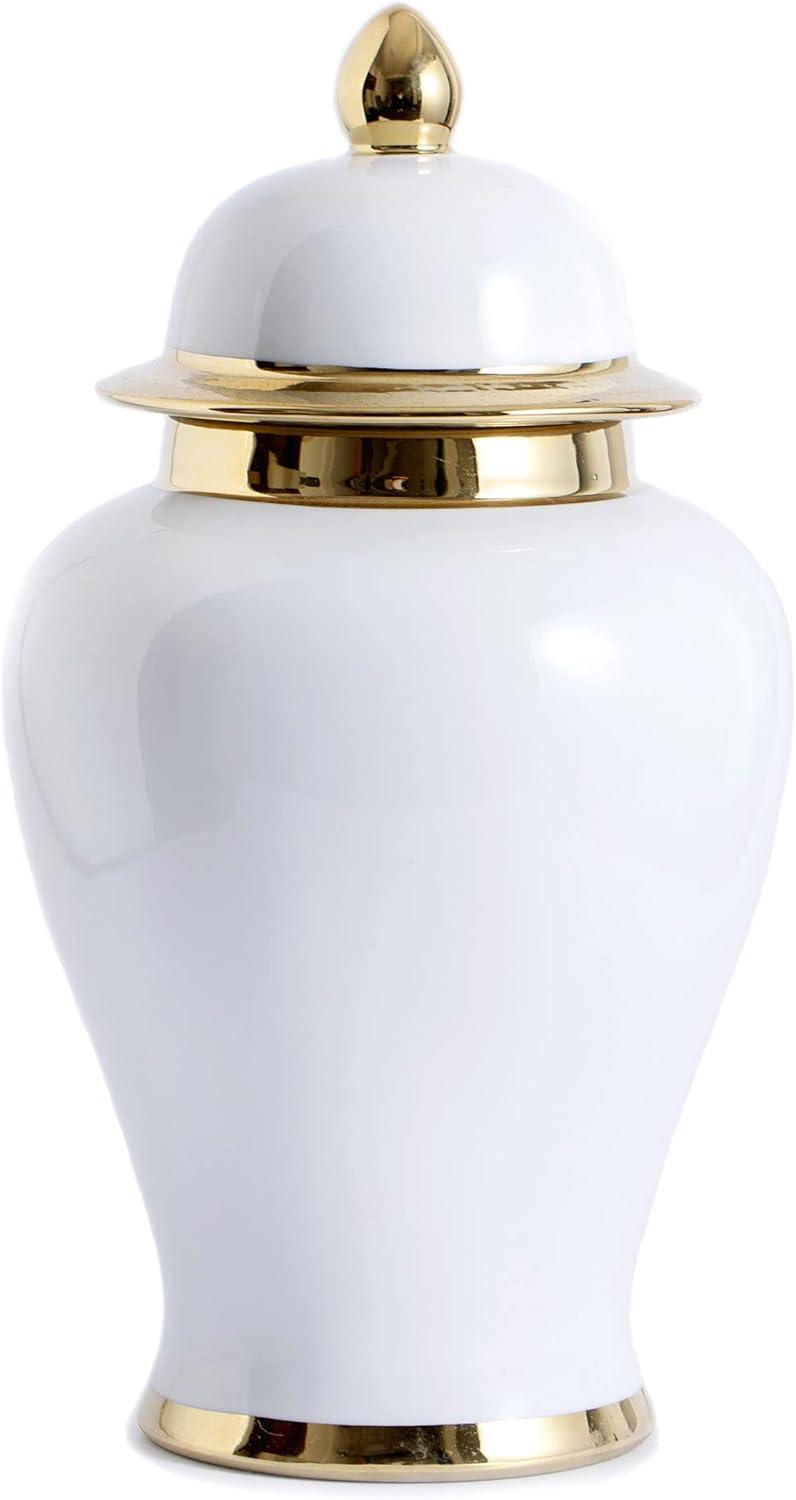 White and Gold Ceramic Ginger Jar Vase, 15"