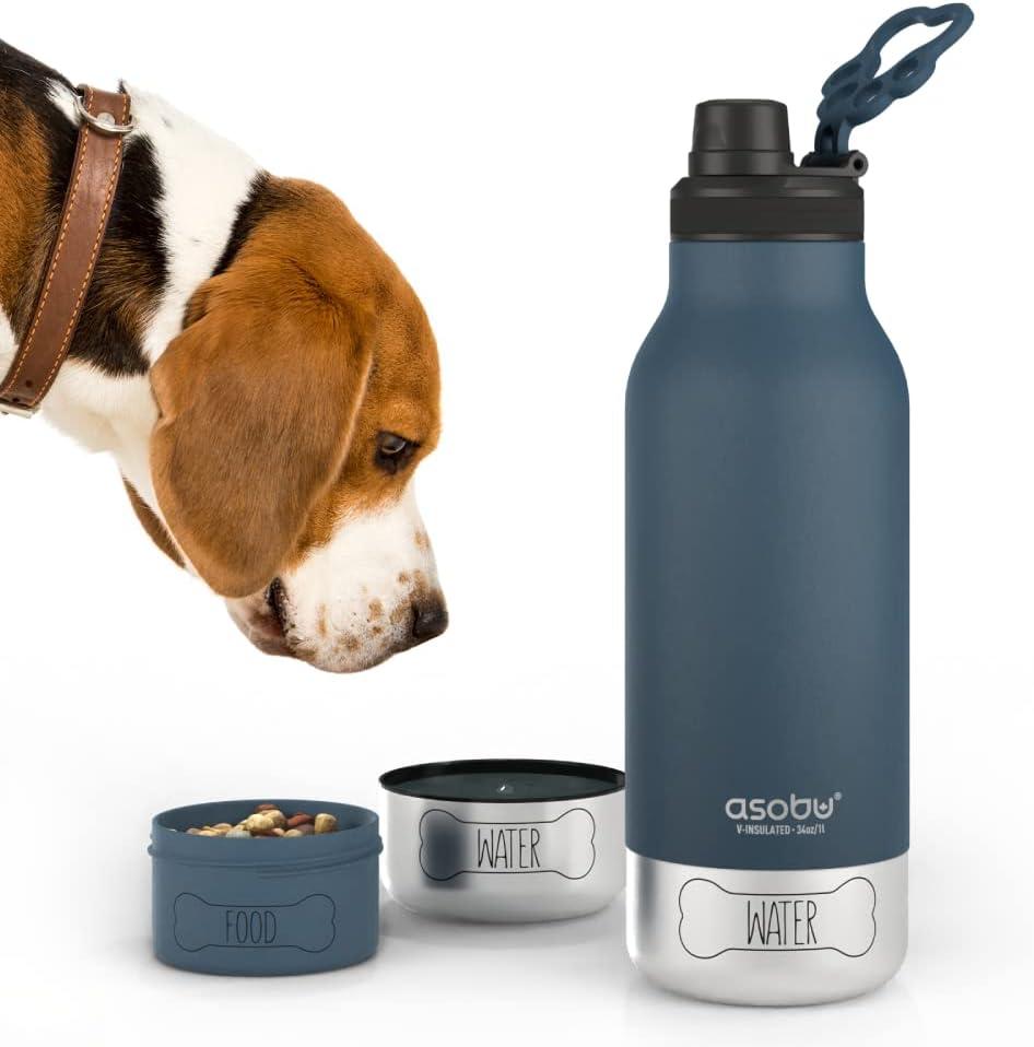 Blue Stainless Steel Insulated Dog Water Bottle with Bowls