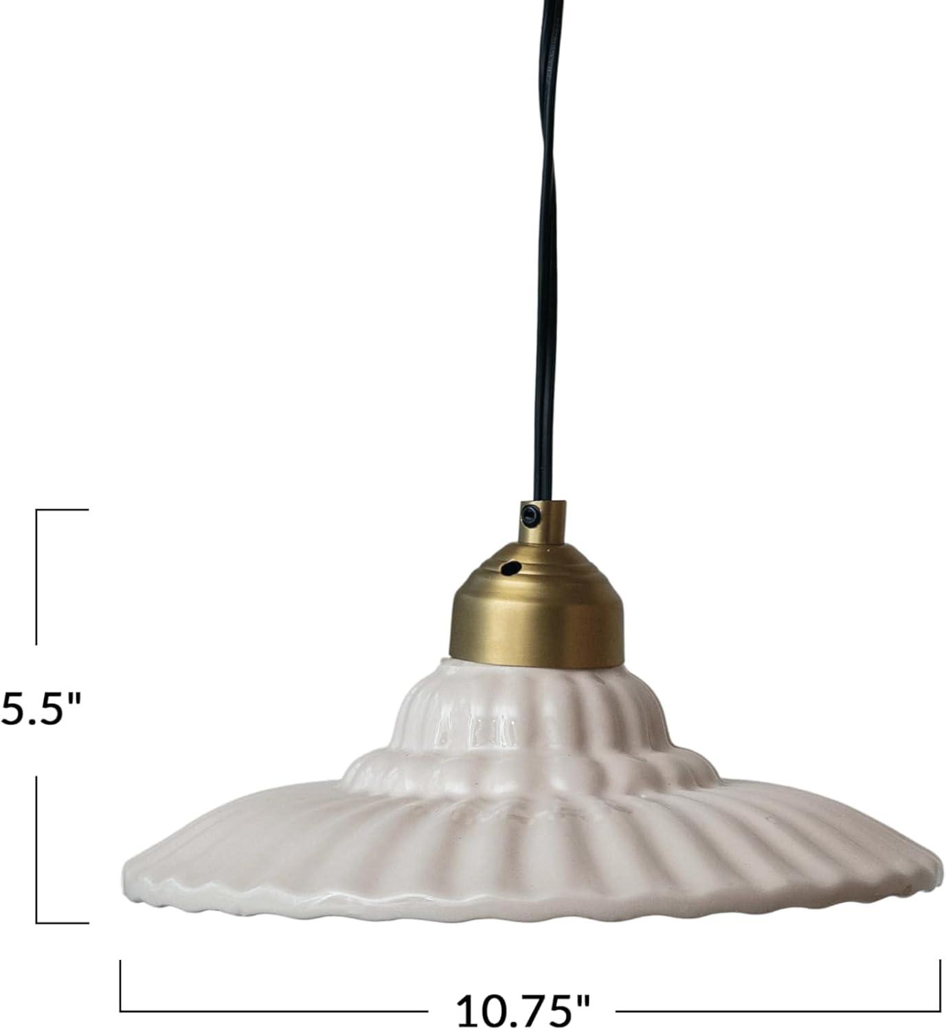 Cream Pleated Stoneware Pendant Lamp with Gold Accents