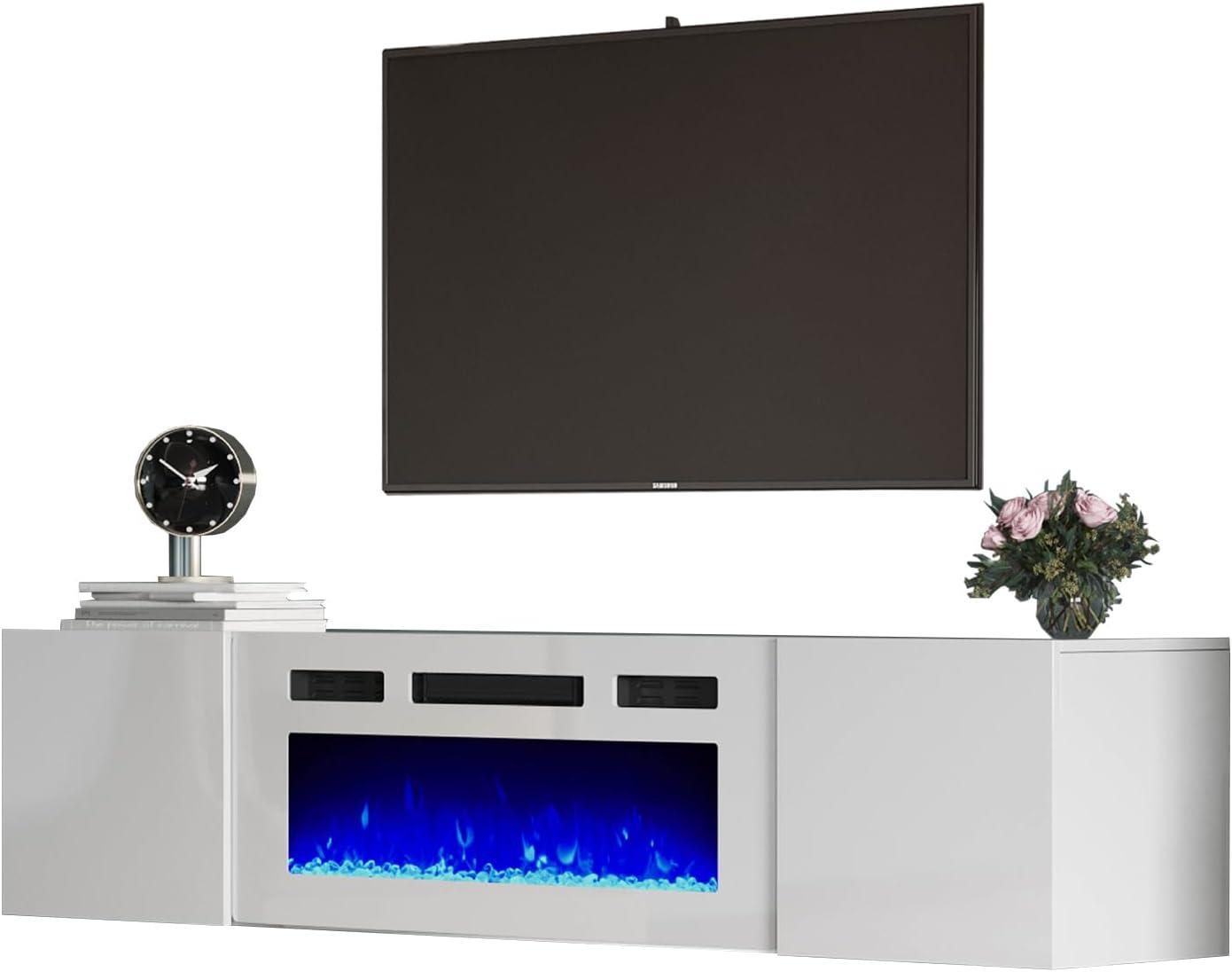 White Gloss Floating TV Stand with Electric Fireplace