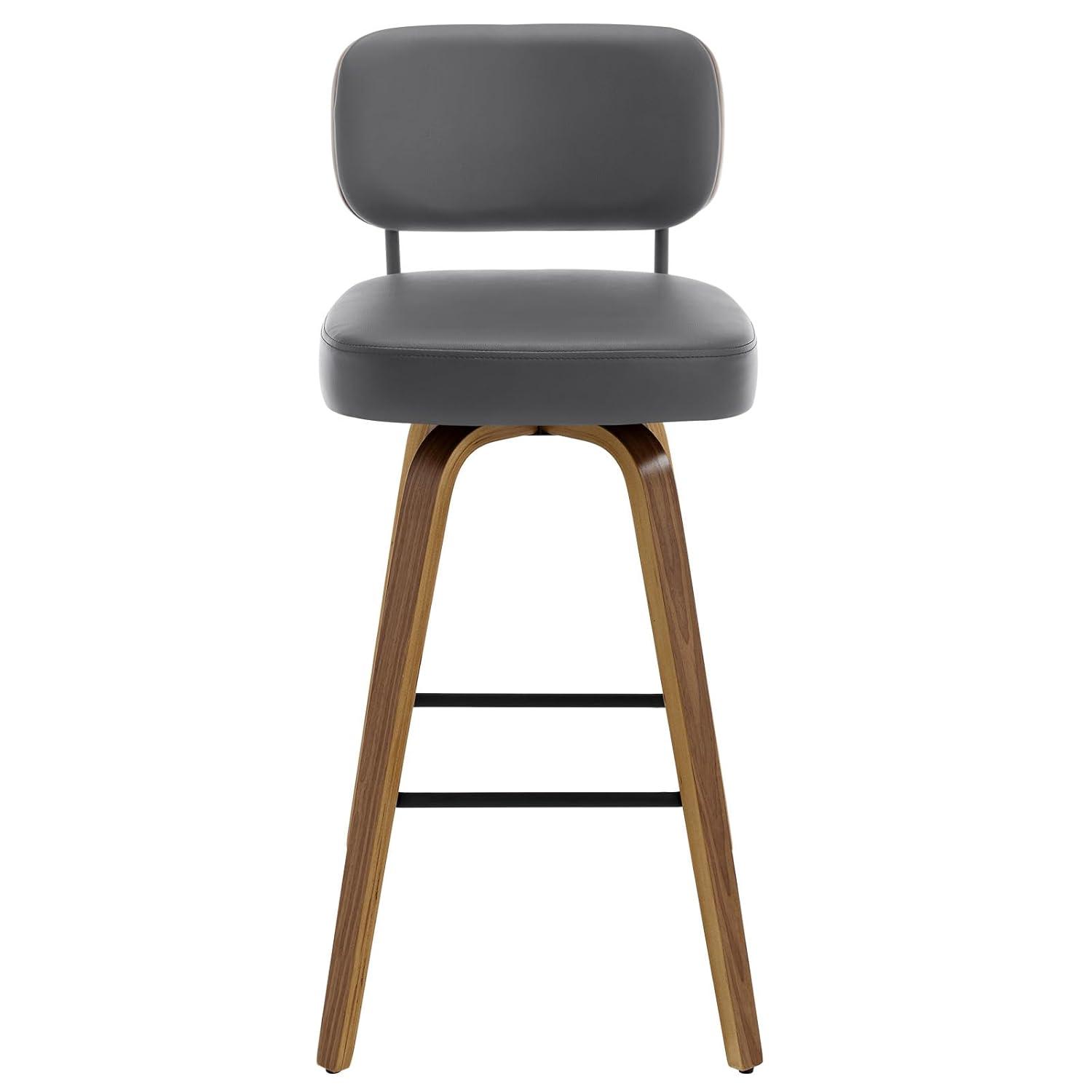 Grey Faux Leather Swivel Bar Stools with Wood Back