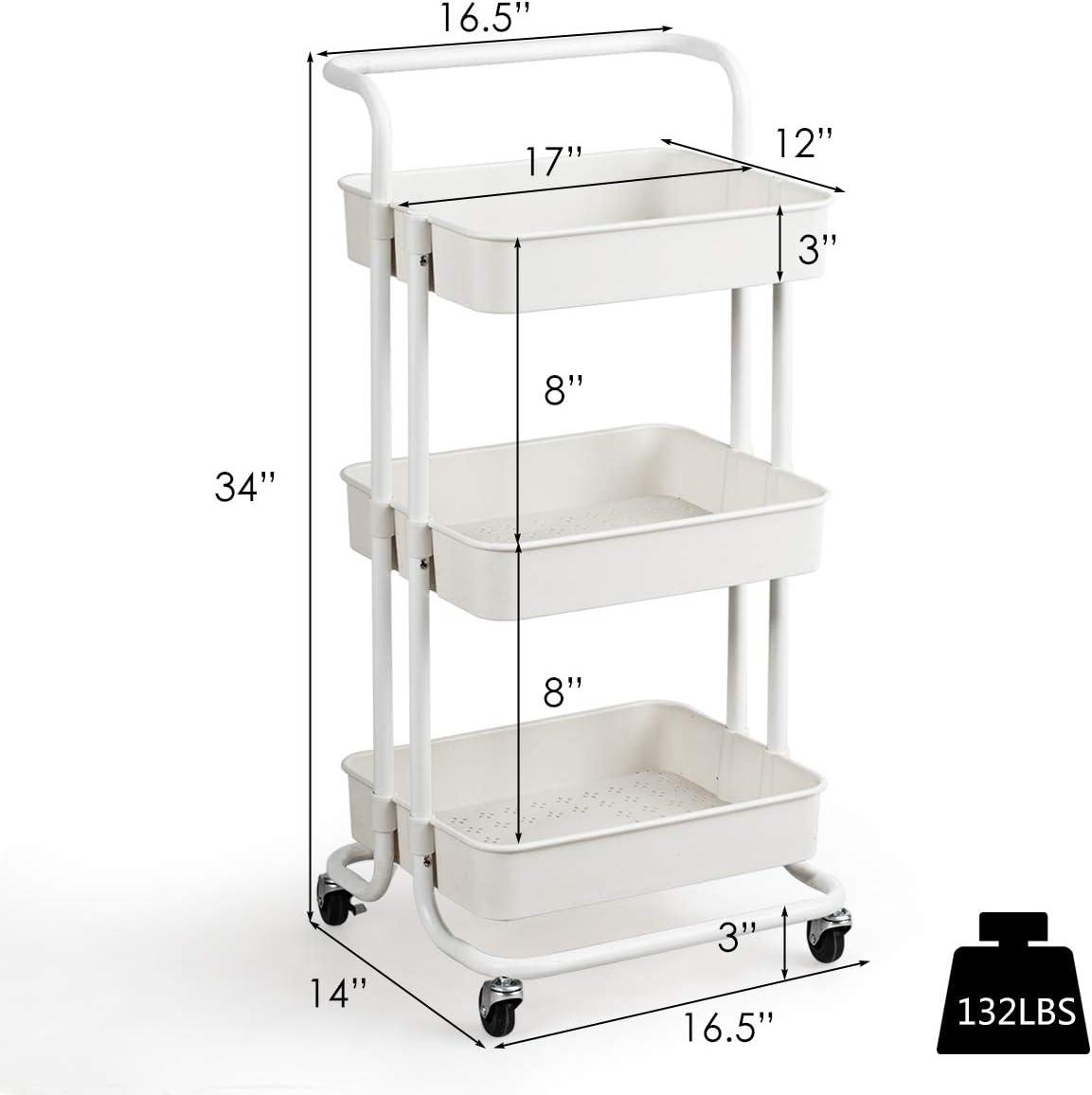 Topcobe 3-Tier Utility Cart Storage Rolling Cart with Casters, Portable Kitchen Island, Kitchen Carts on Wheels, White