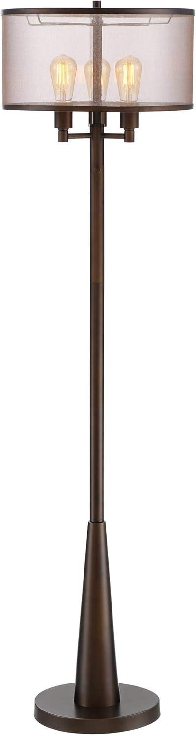 Franklin Iron Works Durango Rustic Farmhouse Floor Lamp 62" Tall Oiled Bronze Metal 3 Light LED Brown Sheer Drum Shade for Living Room Bedroom Office