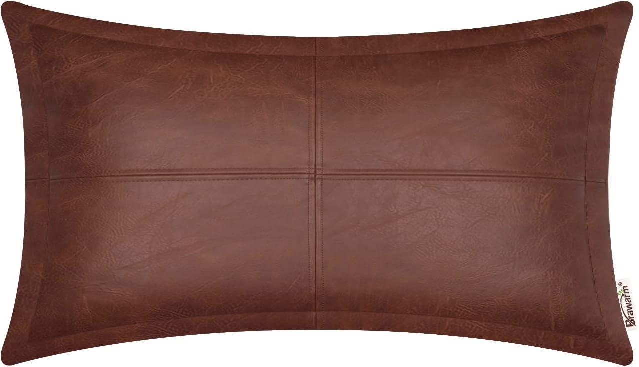 BRAWARM Dark Brown Leather Throw Pillow 12 X 20 Inches, Faux Leather Pillow Cover with Piping, Hand Stitched Leather Decorative Lumbar Throw Pillow Covers for Couch Sofa Bed Living Room Garden