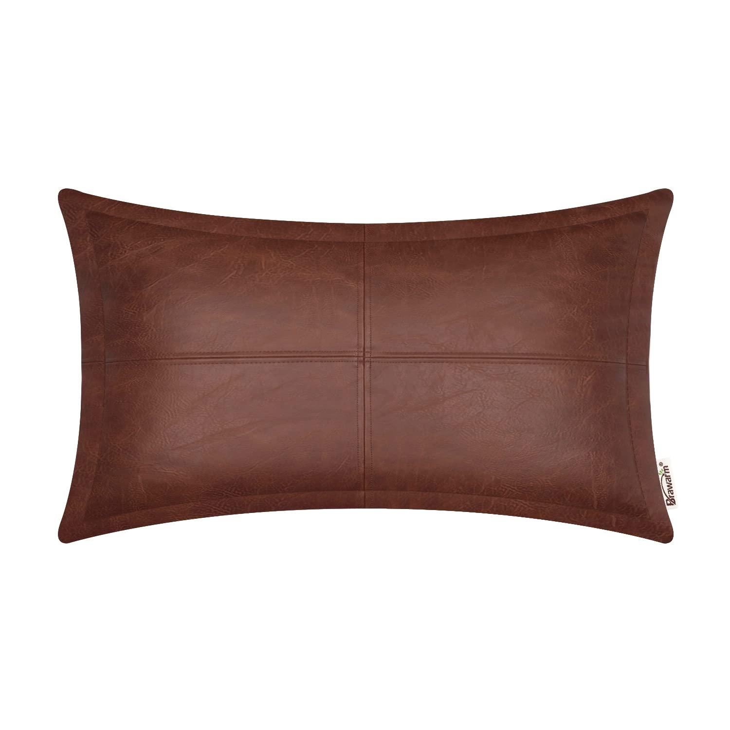 BRAWARM Dark Brown Leather Throw Pillow 12 X 20 Inches, Faux Leather Pillow Cover with Piping, Hand Stitched Leather Decorative Lumbar Throw Pillow Covers for Couch Sofa Bed Living Room Garden