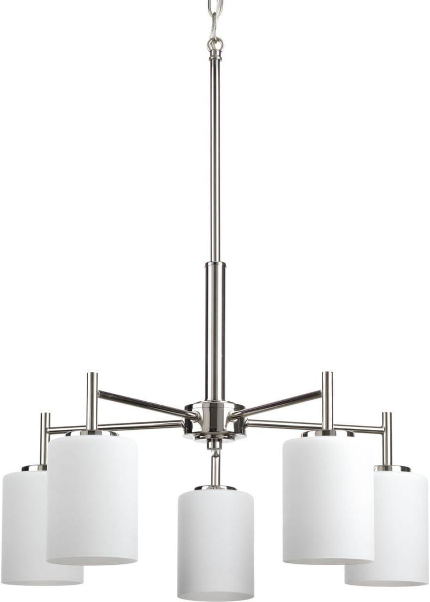 Progress Lighting Replay 5-Light Chandelier, Steel, Polished Nickel, White Glass Shades
