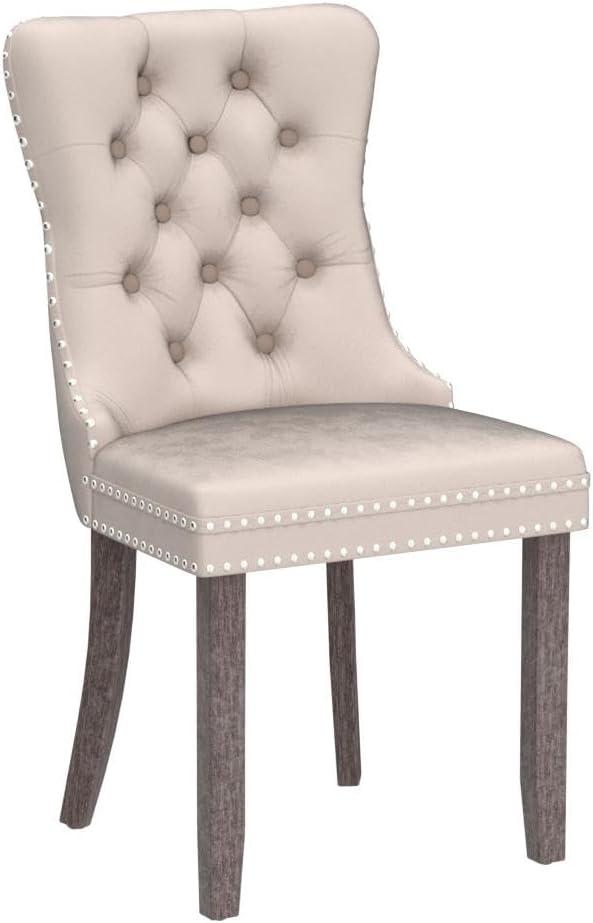 BELLEZE Upholstered Dining Chairs Set of 2, Velvet Luxury Dining Room Chairs with Button Back, Nailhead Trim, Pull-ring, Solid Wood Legs for Kitchen, Living Room, Restaurant - Chandler (Beige)