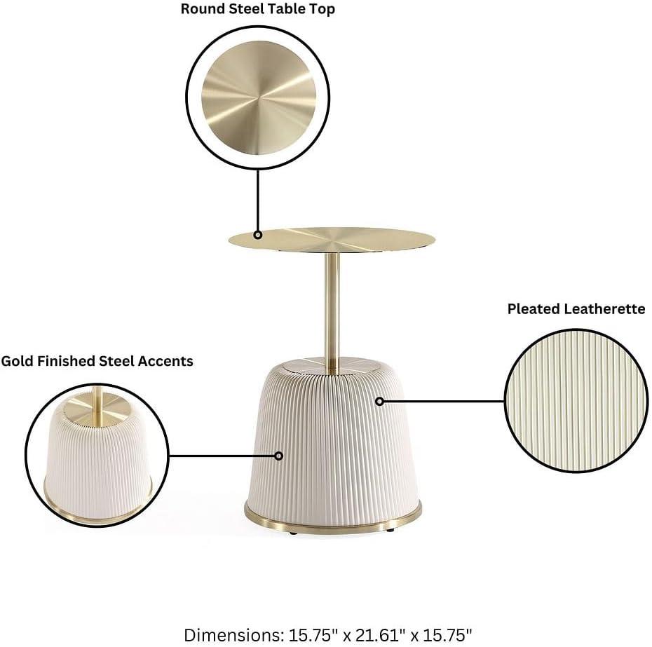 Cream and Gold Round Metal Accent Table with Ridged Base