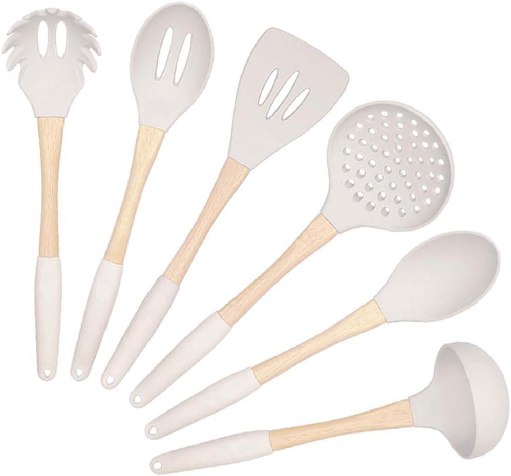Cooking Utensils Set, VICKITCHEN 6 Piece Silicone Kitchen Utensils with Natural Wooden Handle, Nonscratch Ergonomic Kitchen Tool Set for Nonstick Cookware White