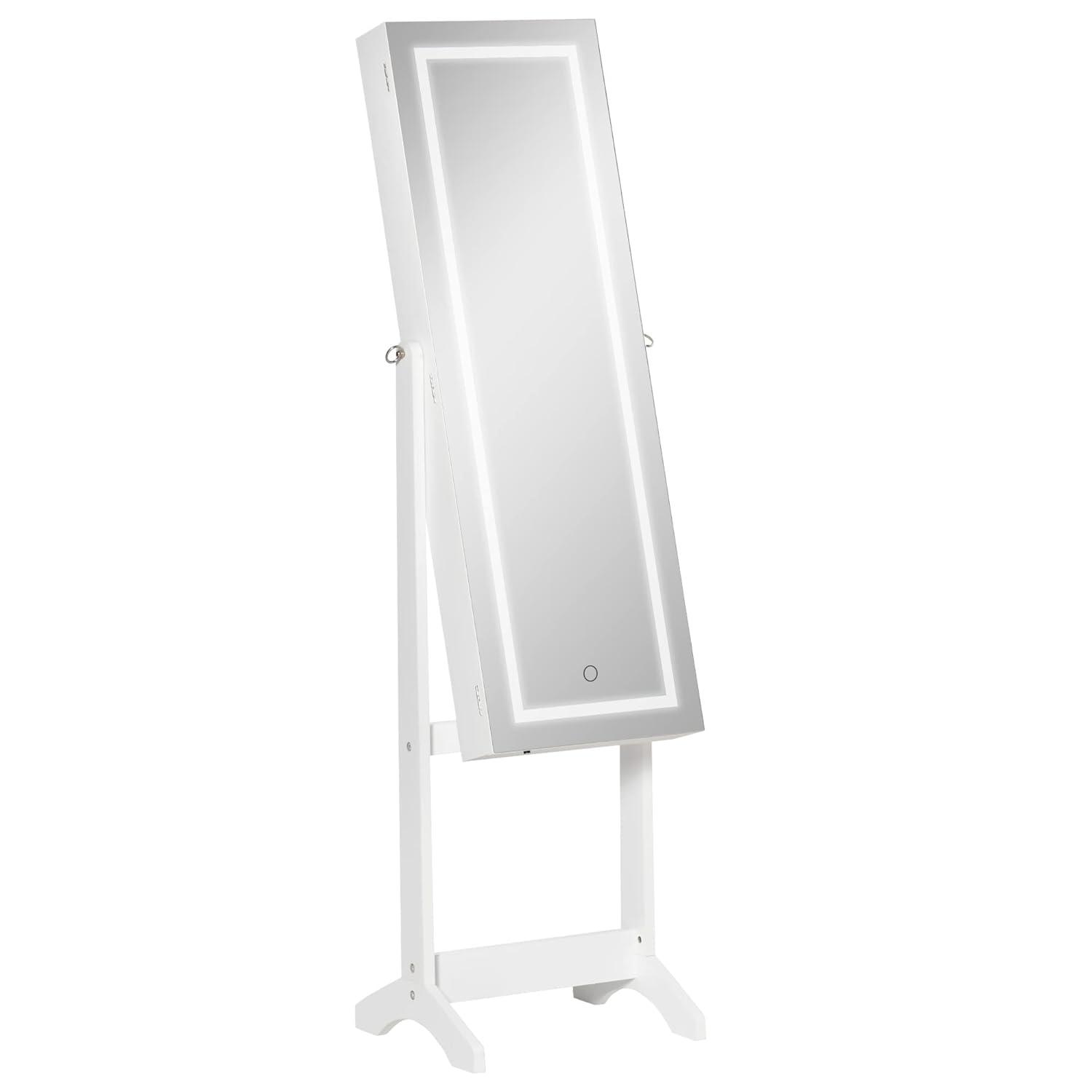 HOMCOM Jewelry Cabinet with LED Light, Lockable Organizer, Full-Length Mirror, 4 Angles, White