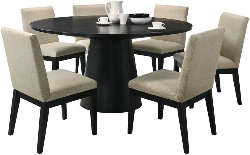 Jasper Ebony Black Wood 7-Piece Round Dining Set with Beige Upholstered Chairs