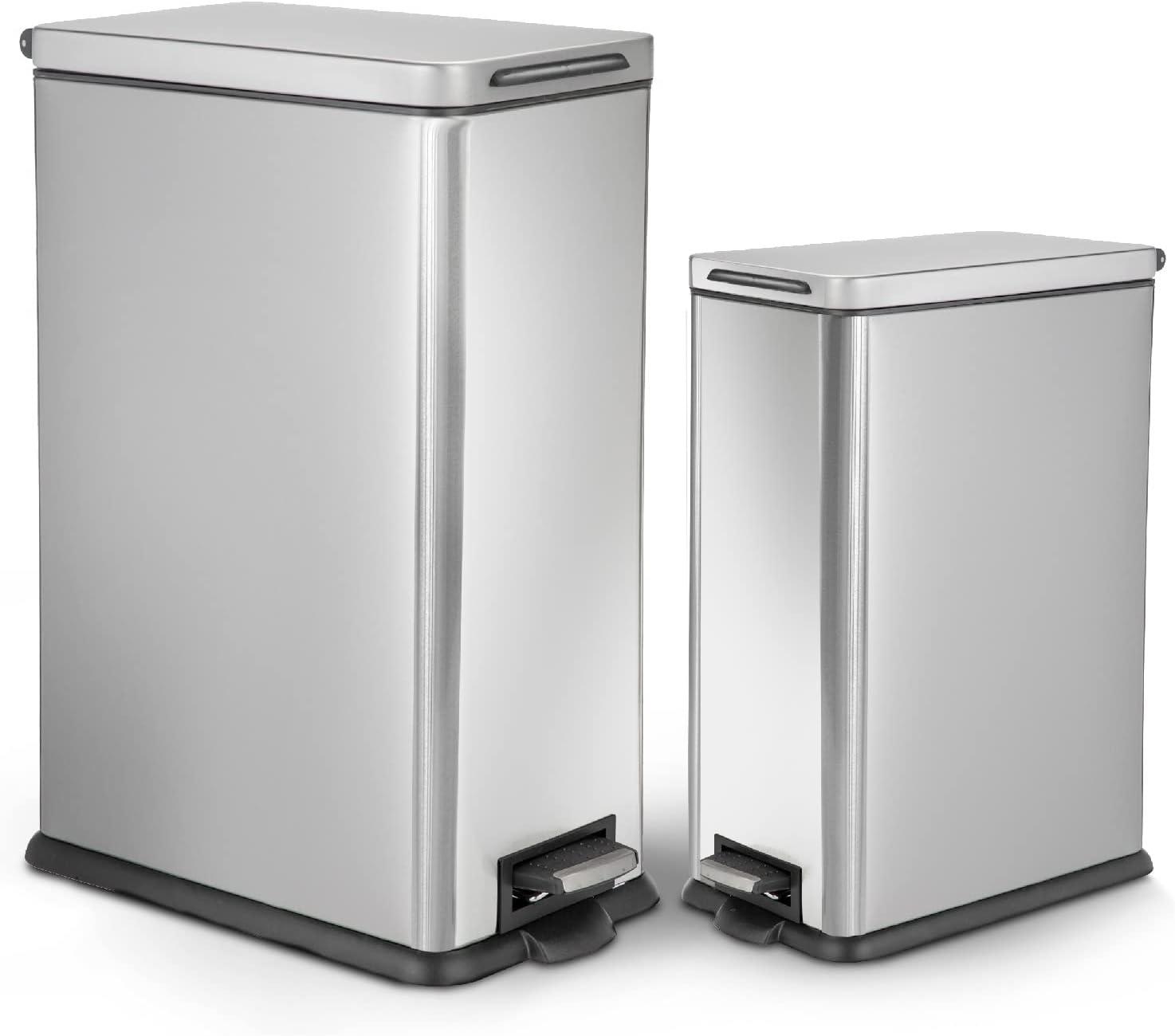 Slim Stainless Steel Step-On Trash Can Set, 8 and 2.5 Gallon, Silver