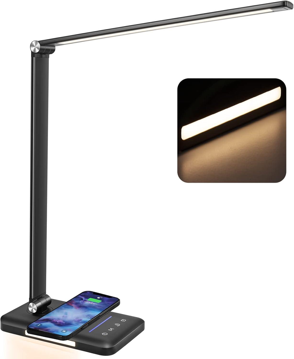 Black Adjustable LED Desk Lamp with Wireless Charger and USB Port