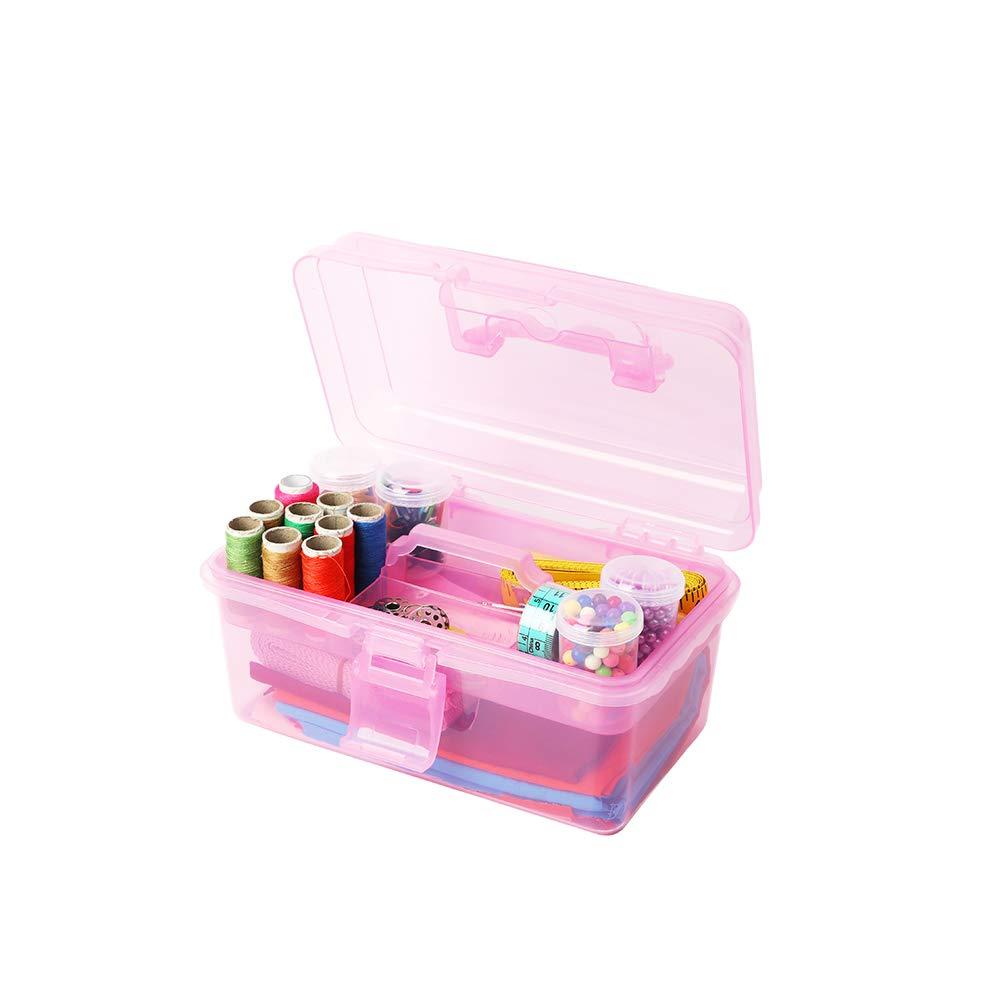 BangQiao Multipurpose Plastic Storage Container Organizer Box Case with Removable Tray and Handle for Art, Craft, Sewing Supplies, Clear&Pink