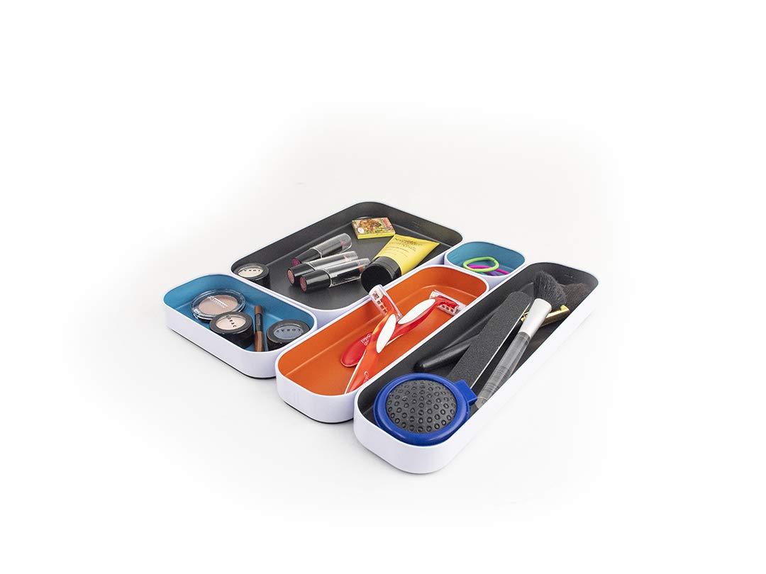 Three by Three Seattle 5 Piece Metal Organizer Tray Set for Storing Makeup, Stationary, Utensils, and More in Office Desk, Kitchen and Bathroom Drawers (1 Inch, Gray, Sky Blue, Orange)